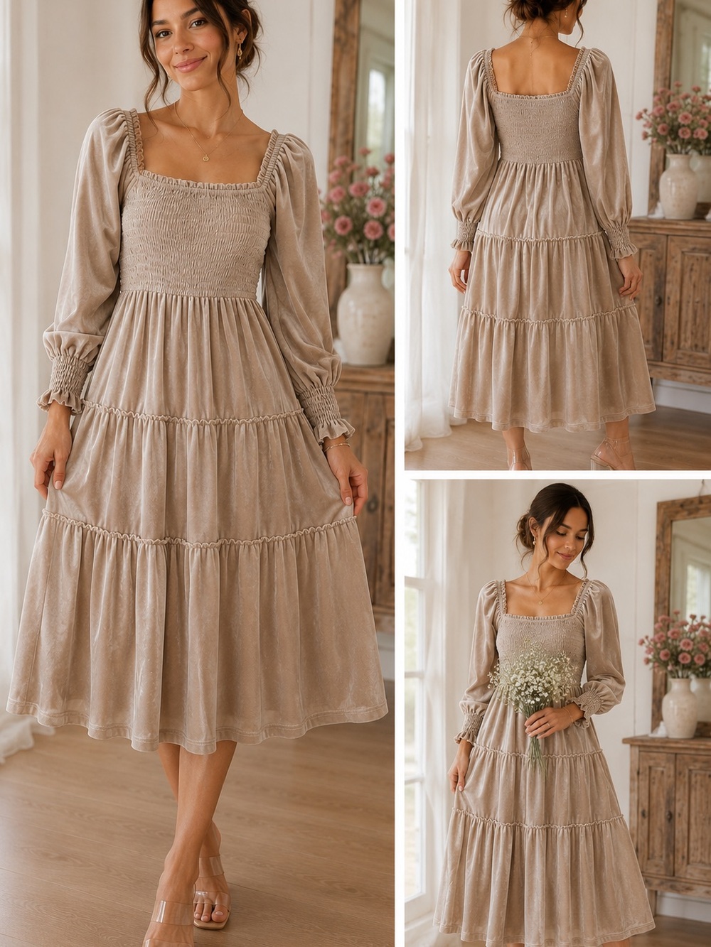 Zesica Smocked Square-Neck Midi Dress Sz. S
